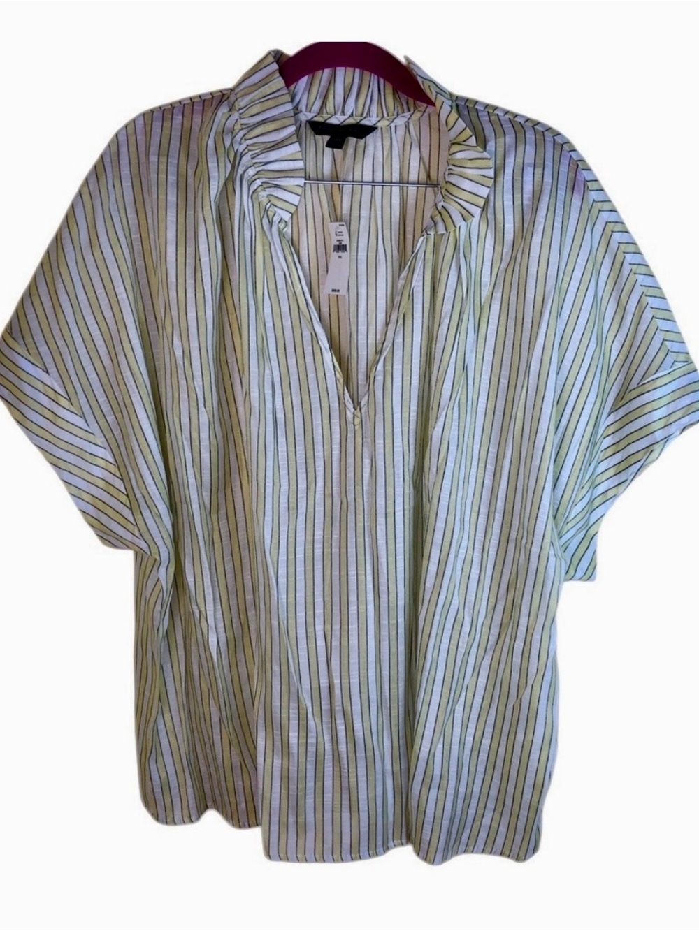 Banana Republic White Yellow Striped Short Sleeve Ruffle Collar V-Neck Blouse